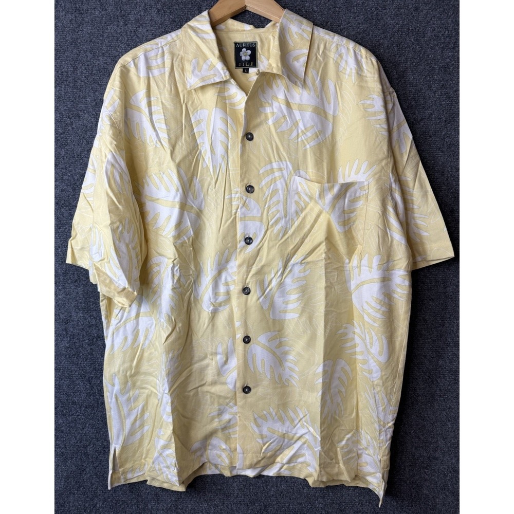 Aureus Silk Hawaiian Shirt Men's L Yellow Floral 70% Silk Aloha Front Pocket